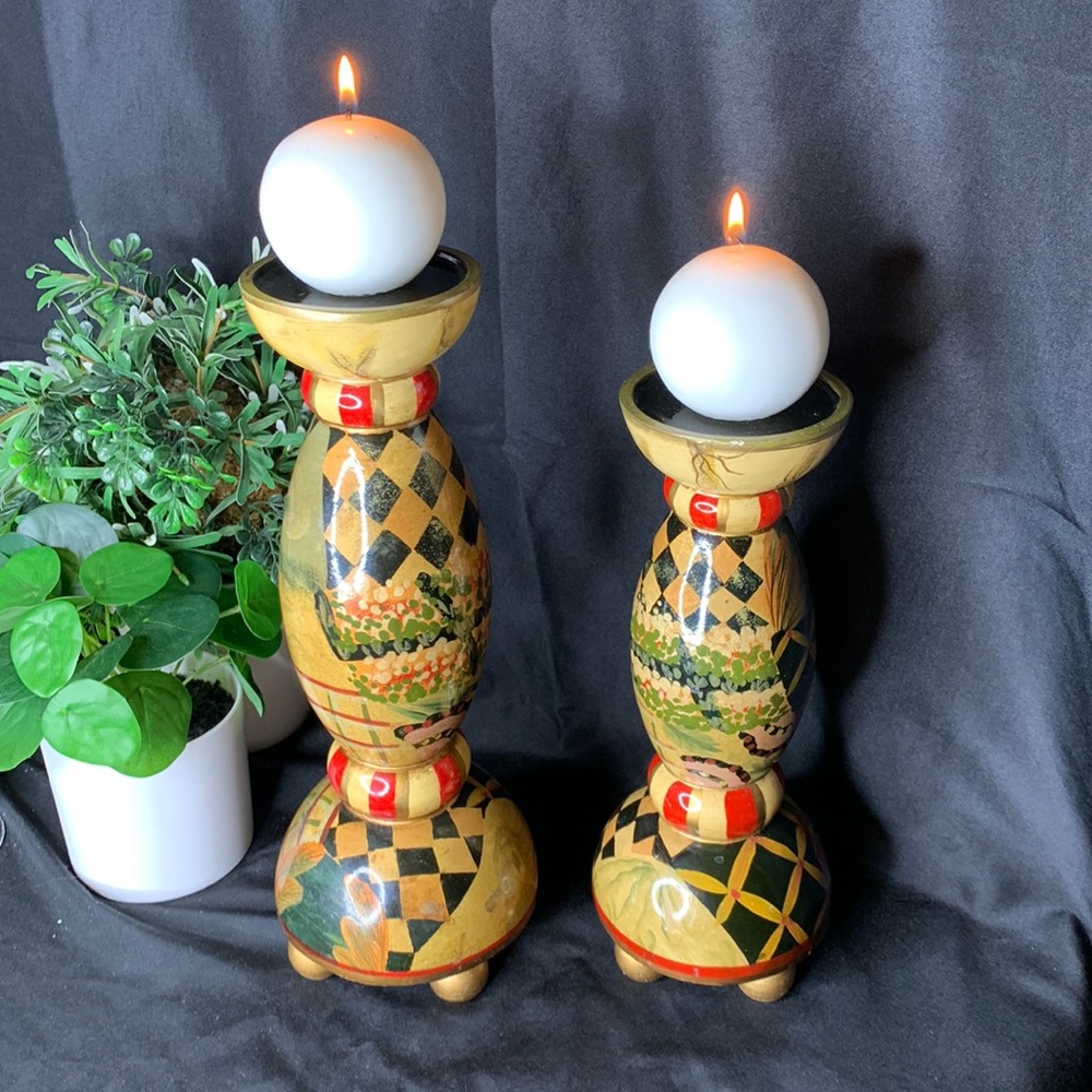 Set of 2 large Bombay Company hand painted heavy wood candlesticks